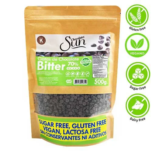 Gotas de chocolate bitter 70% oscuro c/stevia sun 500 gr miniatura 1
